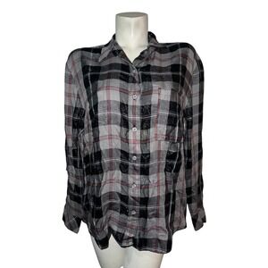 Style & Co Womens Sparkle Plaid Button Down Shirt Deep Black Metallic Large NEW
